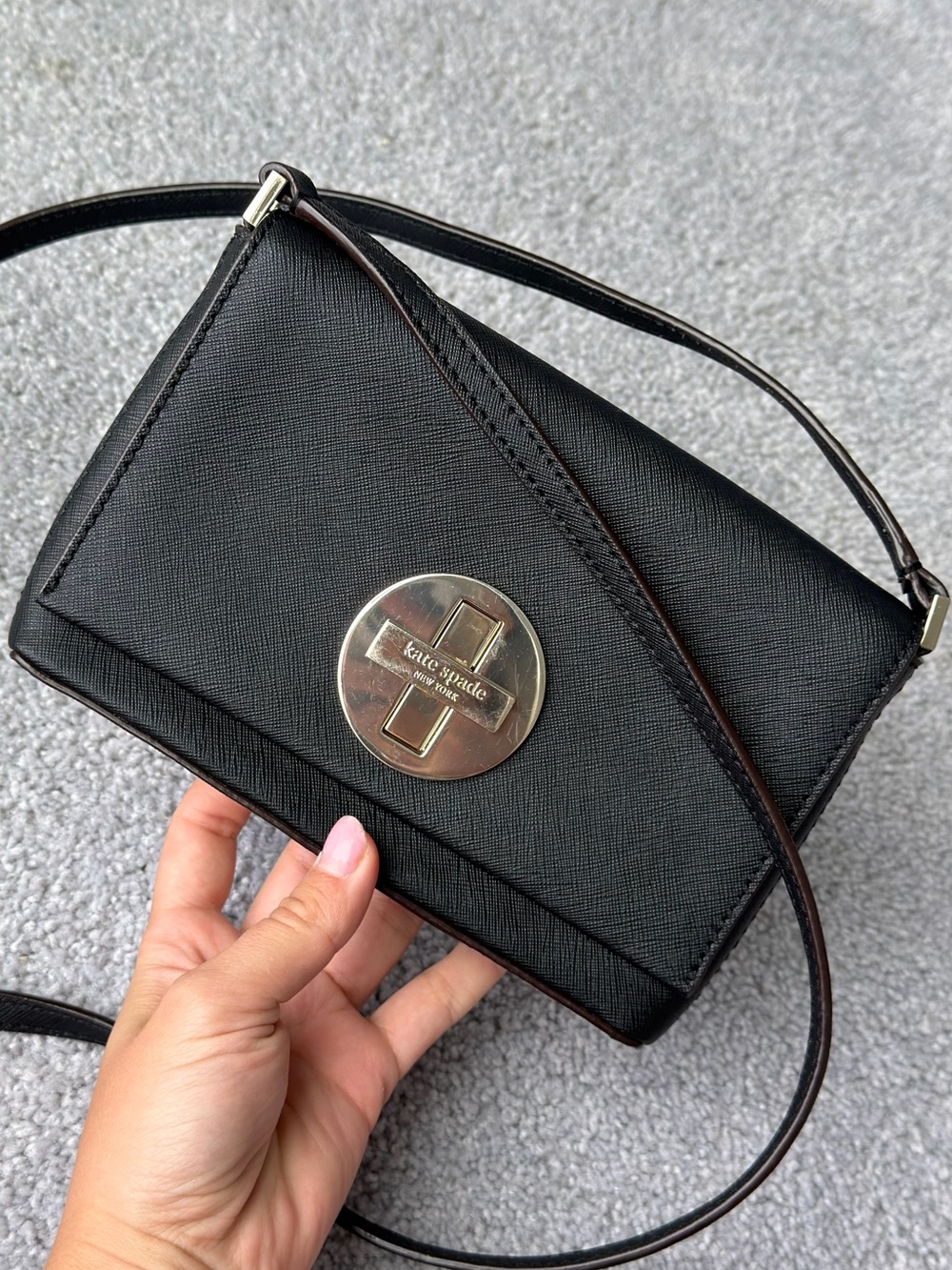 kate spade Black Leather Crossbody with Gold Medallion